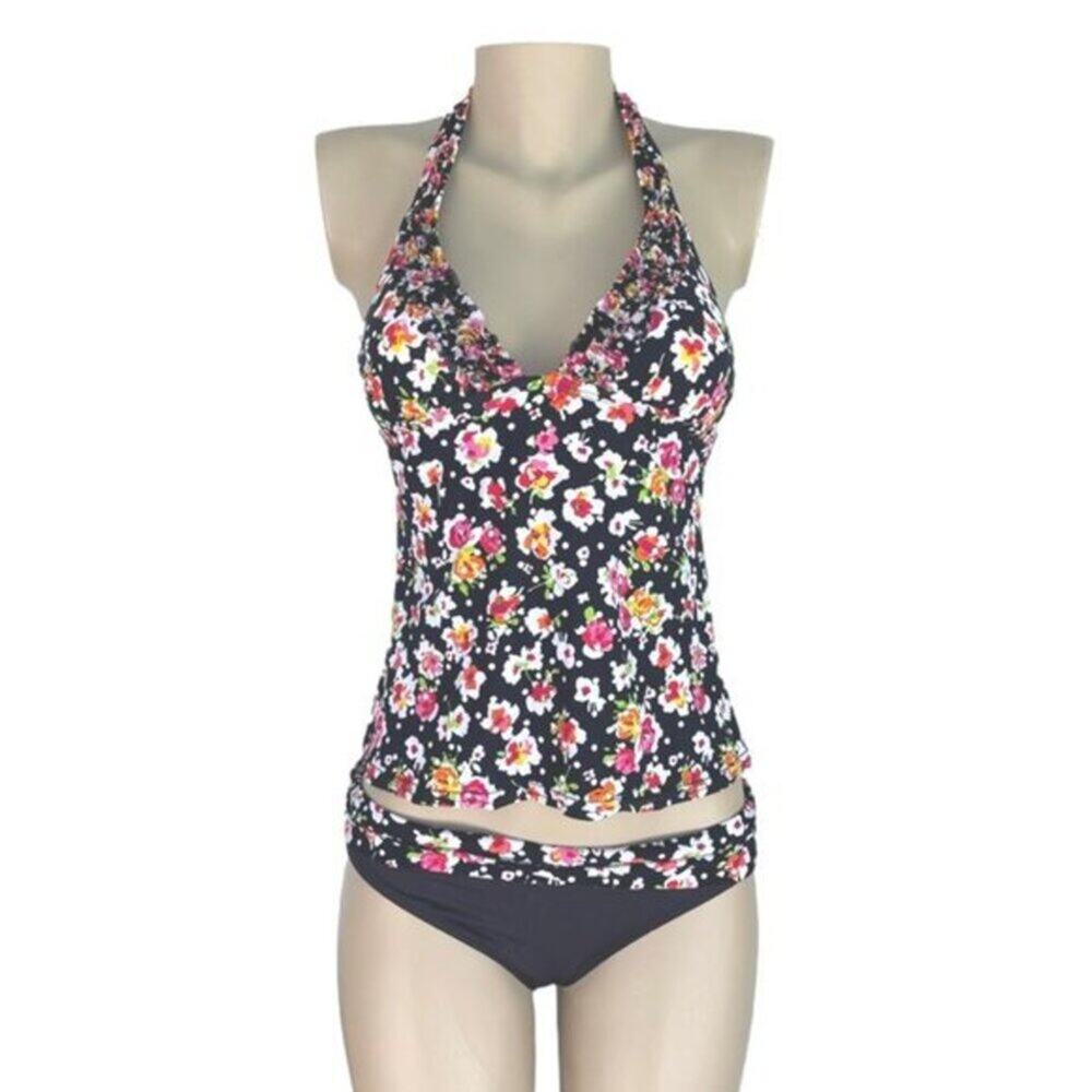 Kenneth Cole Floral Black Ruffled Halter Tankini Set Size S
